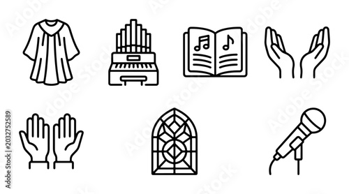 Obraz na płótnie Church Icons Set: Choir Robe, Organ, Hymnal, Praying Hands, Stained Glass, Micro