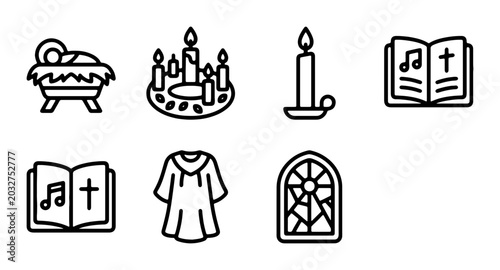 Obraz na plátně Religious Icons Set: Nativity, Candles, Bible, Stained Glass, Vestment