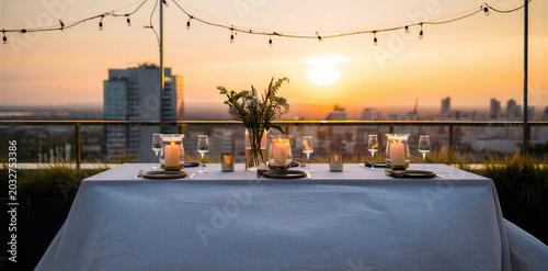 Quadro su tela Elegant dinner table set on rooftop terrace at sunset overlooking city
