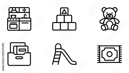 Foto Children's Playroom Icons: Kitchenette, Blocks, Teddy Bear, Toy Box, Slide, Rug