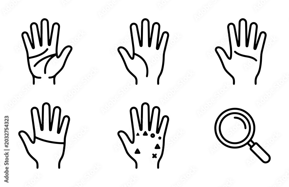Fototapeta premium Palm Reading Icons Set, Hand Lines and Magnifying Glass Vector Graphics, Fortune Telling Symbols