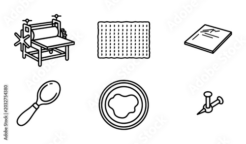 Schilderij op canvas Vintage Printing Press, Pin, Spoon, and Office Supplies Vector Icons Set