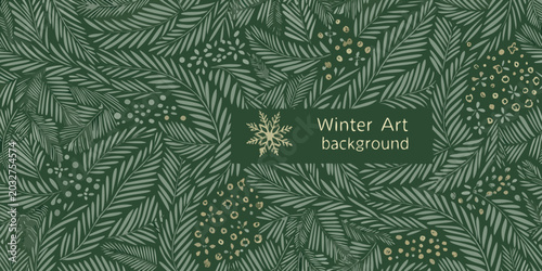 Tableau sur toile watercolor pine branch pattern with golden berries dark green and gray tones