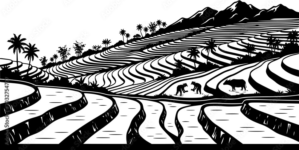 Fototapeta premium Black and white illustration of terraced rice fields with farmers planting rice and a water buffalo in a tropical landscape