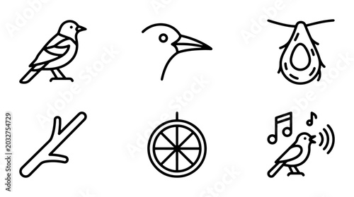 Tableau sur toile Chirping Bird Icons, Nest, Branch, Music Notes, Simple Line Art Vector Set