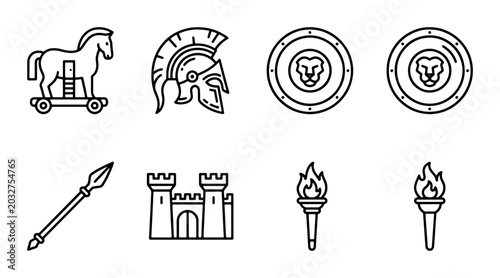 Canvastavla Ancient Greek Icons: Trojan Horse, Helmet, Shields, Spear, Castle, Torches Vecto