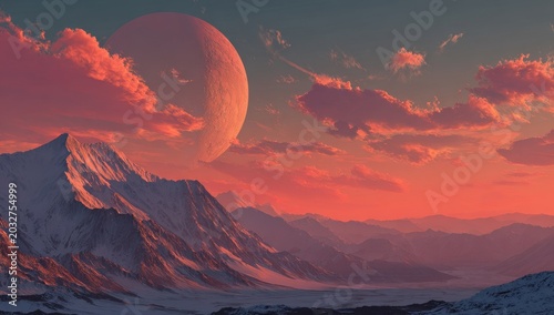 Pixelated Martian Landscape at Sunrise with Snow-Capped Mountains and Fiery Red Sky Over a Vast Expanse Under a Large Textured Celestial Body