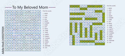 Картината върху платно Word search puzzle about love and family emotions with a heartfelt theme