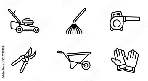 Photos Gardening Tools Icons Set, Lawn Mower, Rake, Blower, Pruners, Wheelbarrow, Glove