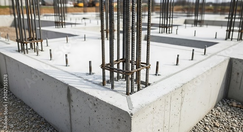 Concrete Building Foundation with Steel Rebar Reinforcement at Construction Site