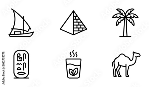 Tableau sur toile Egyptian Icons Set: Pyramid, Camel, Hieroglyphs, Felucca, Palm Tree, Tea Glass