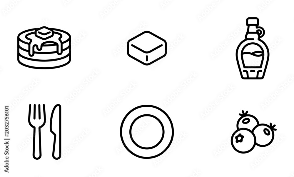 Fototapeta premium Breakfast Icons: Pancakes, Butter, Maple Syrup, Cutlery, Plate, Berries, Vector Set