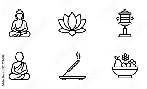 Tableau sur toile Buddhist Icons Set, Meditation Symbols, Lotus Flower, Prayer Wheel, Incense, Off
