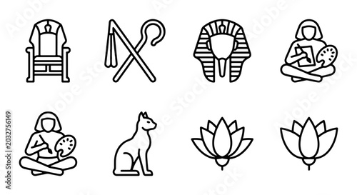 Cuadro en lienzo Ancient Egyptian Icons: Pharaoh Throne, Ankh, Sphinx, Artist, Cat, Lotus Flower