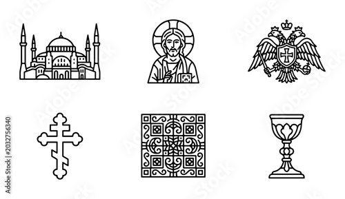 Orthodox Christian Icons, Symbols, and Architecture Vector Set: Religious Art, Byzantine Style