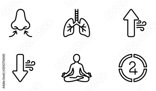 Fotografi Breathing Exercise Icons: Lungs, Nose Inhale/Exhale, Meditation, Time, Airflow I