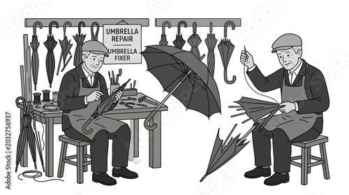 Valokuva Two elderly men working together to repair broken umbrellas in a workshop