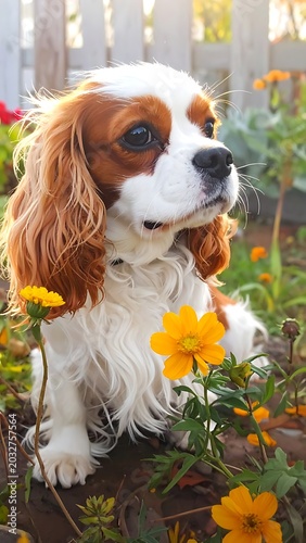 A cocker spaniel sitting among yellow flowers