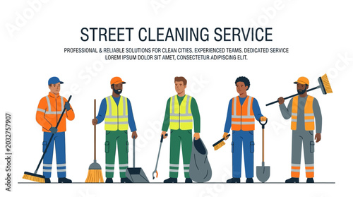 A group of five diverse street cleaners standing in a row wearing high visibility safety vests and work uniforms.