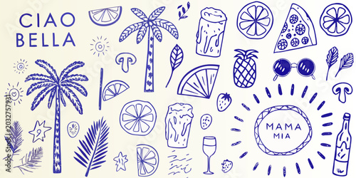 Tableau sur toile blue ink illustrations of palm trees citrus fruits pizza and wine on a beige bac