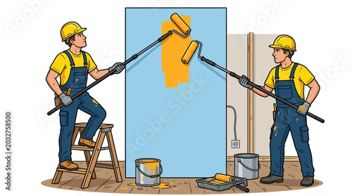 Fényképezés Two professional painters working together to paint a wall with yellow paint