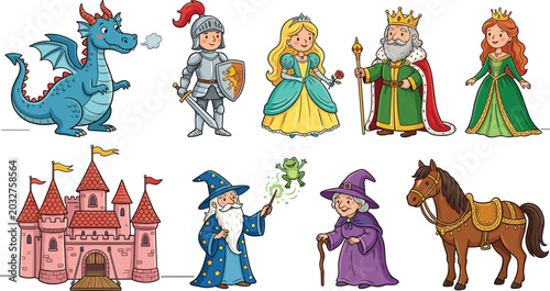 Canvastavla Fairytale Character Vector Set with Cute Cartoon Dragon Knight Princess King Que