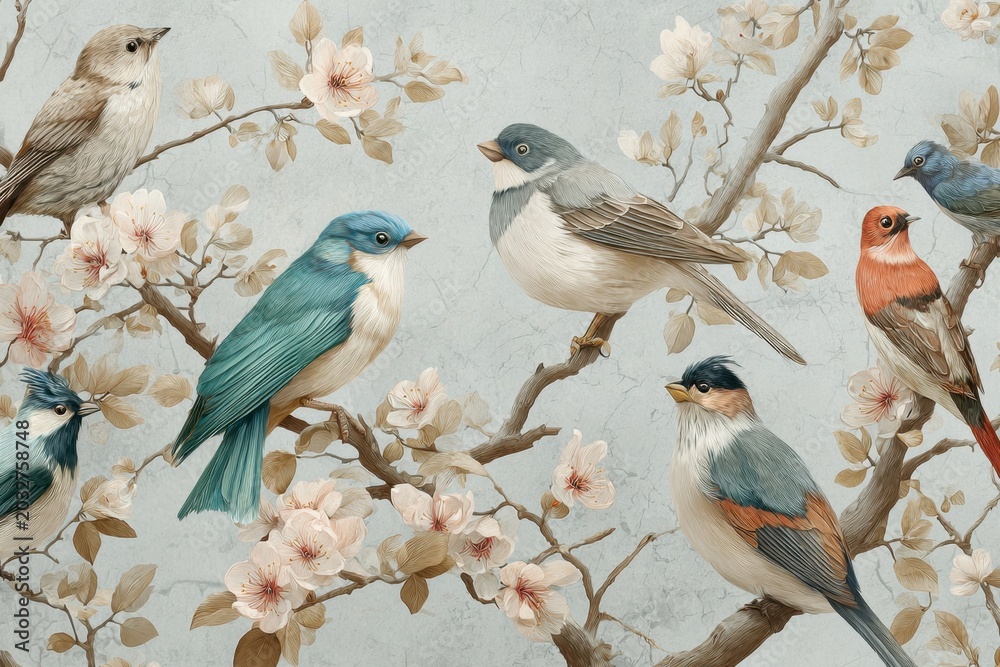 Obraz premium Colorful Birds Perch on Flowering Branches Under a Clear Sky