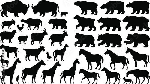 Canvas Print Farm and Wild Animal Silhouette Collection with Bears Horses Buffalo and Giraffe
