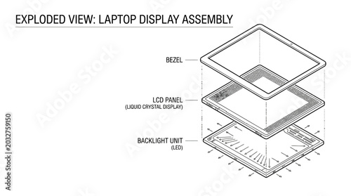 Cuadro en lienzo Exploded view diagram of a laptop display assembly showing internal components