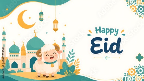 Happy Eid Mosque Cartoon Illustration Islamic Background