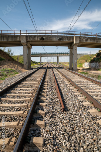 Converging Train Tracks Leading Under Concrete Overpasses Toward Horizon On A Sunny Day