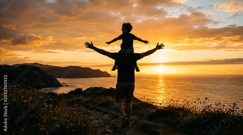 Fototapeta premium Silhouette of a father carrying his young son on his shoulders while watching a beautiful sunset over the ocean from a cliff top