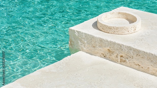 A white stone pool ledge with a circular stone basin on top.