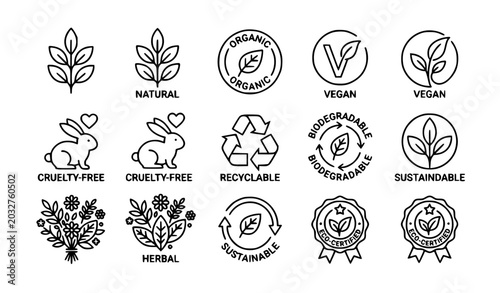 Fotografía Eco friendly cosmetic label line icon set flat vector illustration isolated orga