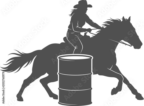 Cowgirl competing in a fast-paced barrel racing rodeo event vector can be editable