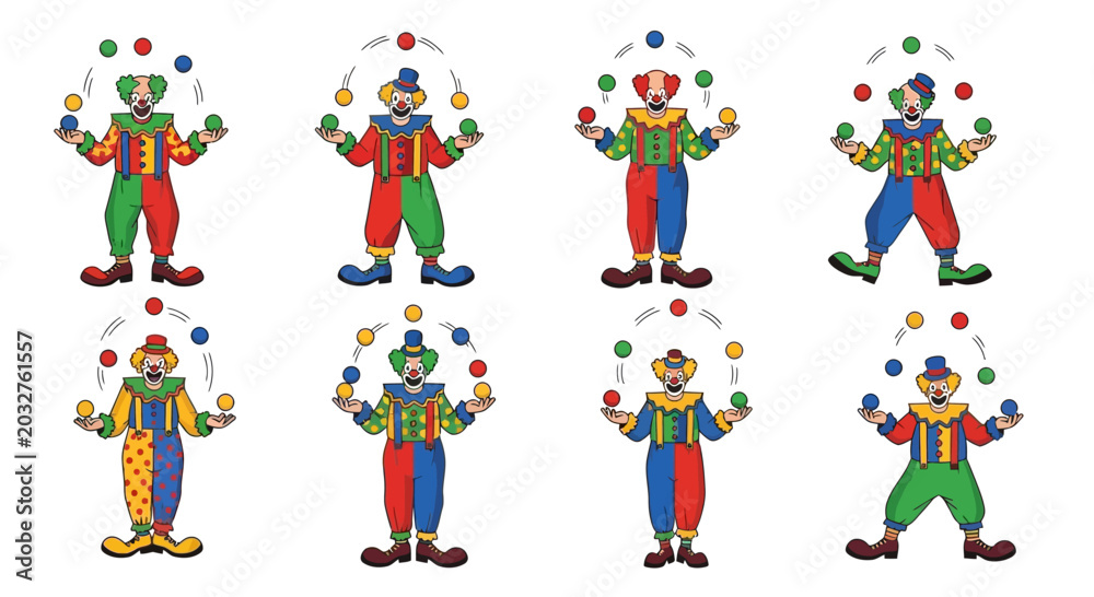 Fototapeta premium Group of Clowns Juggling Balls, Circus Performers, Entertainment, Fun