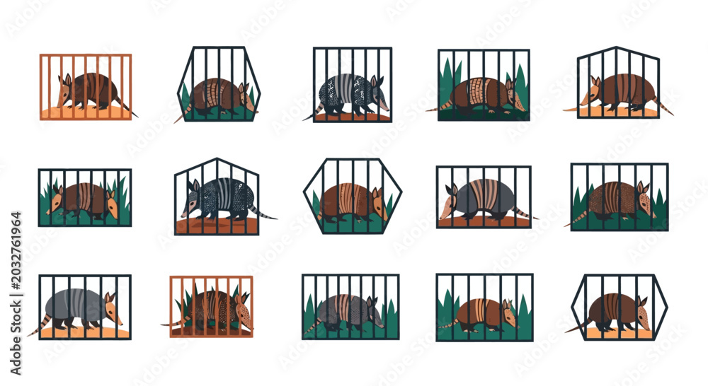 Naklejka premium Set of Cute Armadillo Illustrations in Cages Vector Icons