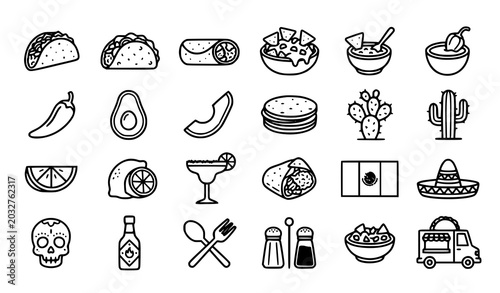 Obraz na płótnie Mexican Food Line Icons and Traditional Cuisine Symbol Set