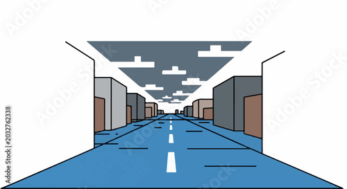 A stylized cartoon depicts a receding street with buildings and a cloudy sky