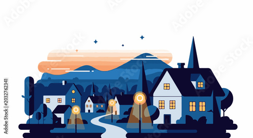 Serene evening village with illuminated homes and gentle mountain backdrop