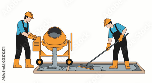 Workers pouring and spreading wet concrete with a mixer