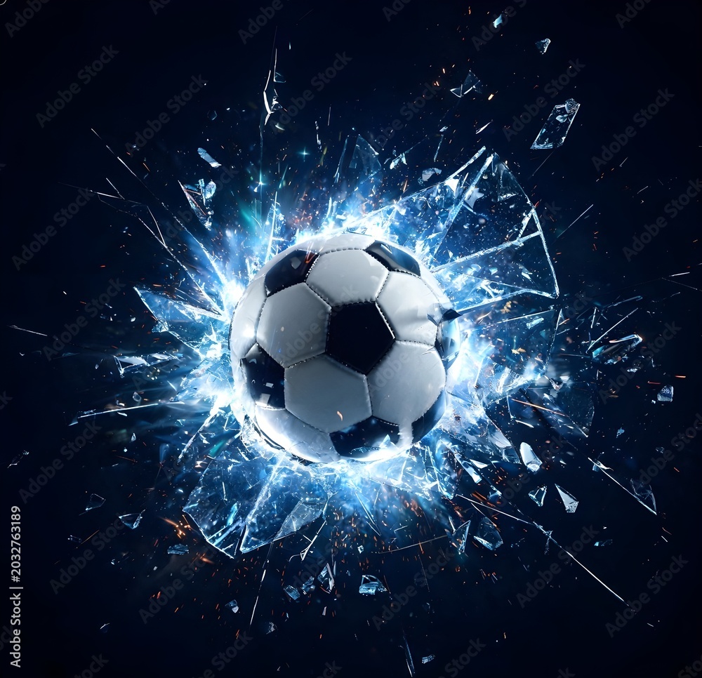 Naklejka premium Soccer ball exploding with bright blue energy and glass shards in dark stadium lighting