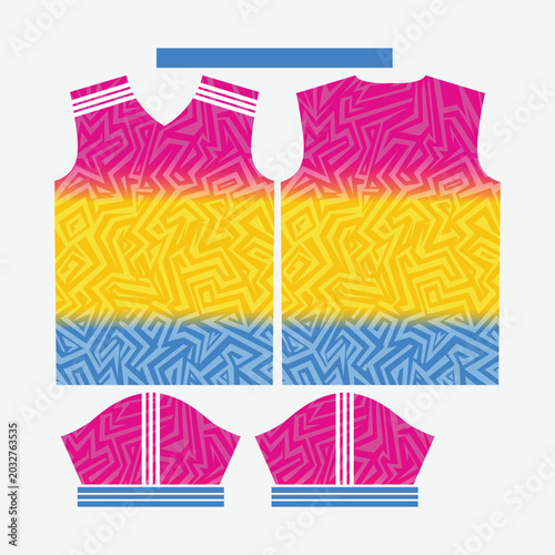 Abstract Colorful Gradient Sportswear Jersey Template with Geometric Zigzag Line Pattern and Stripes for Activewear Apparel Print