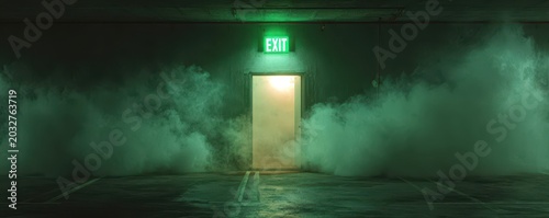 Mysterious Glowing Exit Door Surrounded by Green Smoke in a Dark Hallway with Reflective Floor