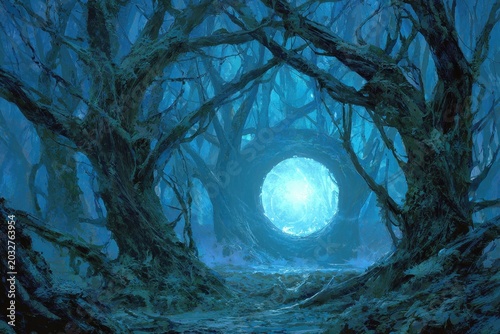 Mysterious glowing orb illuminates a dark enchanted forest tunnel with twisted ancient trees and dappled moonlight creating an ethereal atmosphere of wonder and magic