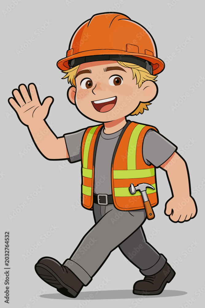 Fototapeta premium Cheerful Cartoon Construction Worker Waving and Walking