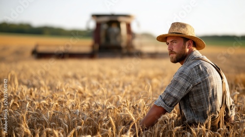 Golden wheat fields stretch under the warm sun as a farmer enjoys moments of harvest tranquility
