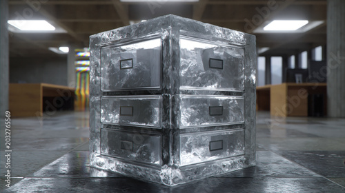 Surreal gelatinous filing cabinet with translucent drawers for corporate concepts