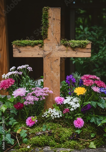 Wooden Cross with Spring Flowers and Moss