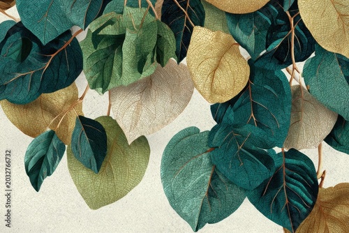 Rich Textured Botanical Foliage in Teal, Gold, and Beige Abstract Design